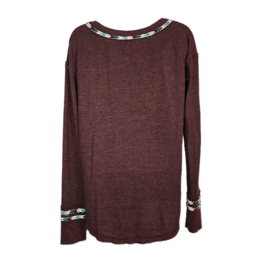 Free People Burgundy Embroidered‎ Braided Thermal Long Sleeve Shirt Size SMALL